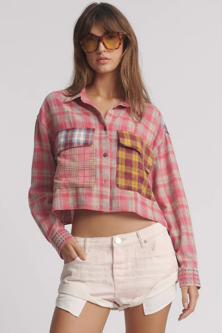 One Teaspoon Flannel Oversized Pocket Cropped Shirt // Pink