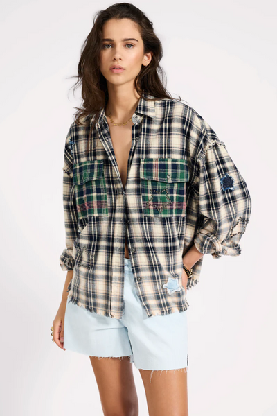 One Teaspoon Flannel Star Studded Shirt // Cream & Blue