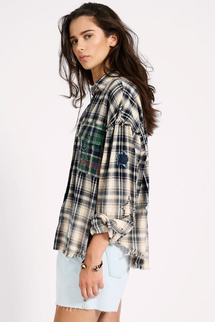 One Teaspoon Flannel Star Studded Shirt // Cream & Blue