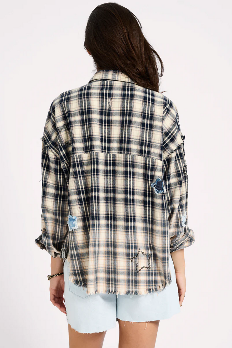 One Teaspoon Flannel Star Studded Shirt // Cream & Blue