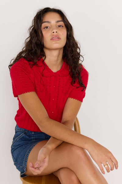 Mink Pink Lila Pointelle Knit Tee // Red