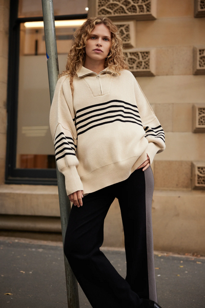 Arcaa London Zip Stripe Sweater // Sand & Black
