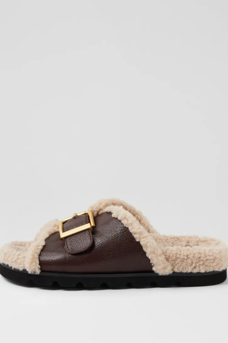 Mollini Esme Shearling Slides // Dark Brown Natural Leather