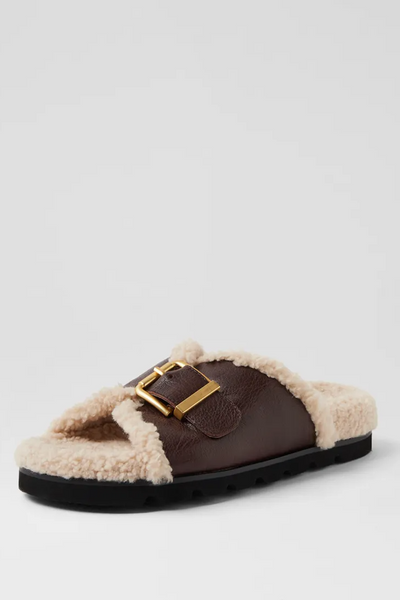 Mollini Esme Shearling Slides // Dark Brown Natural Leather