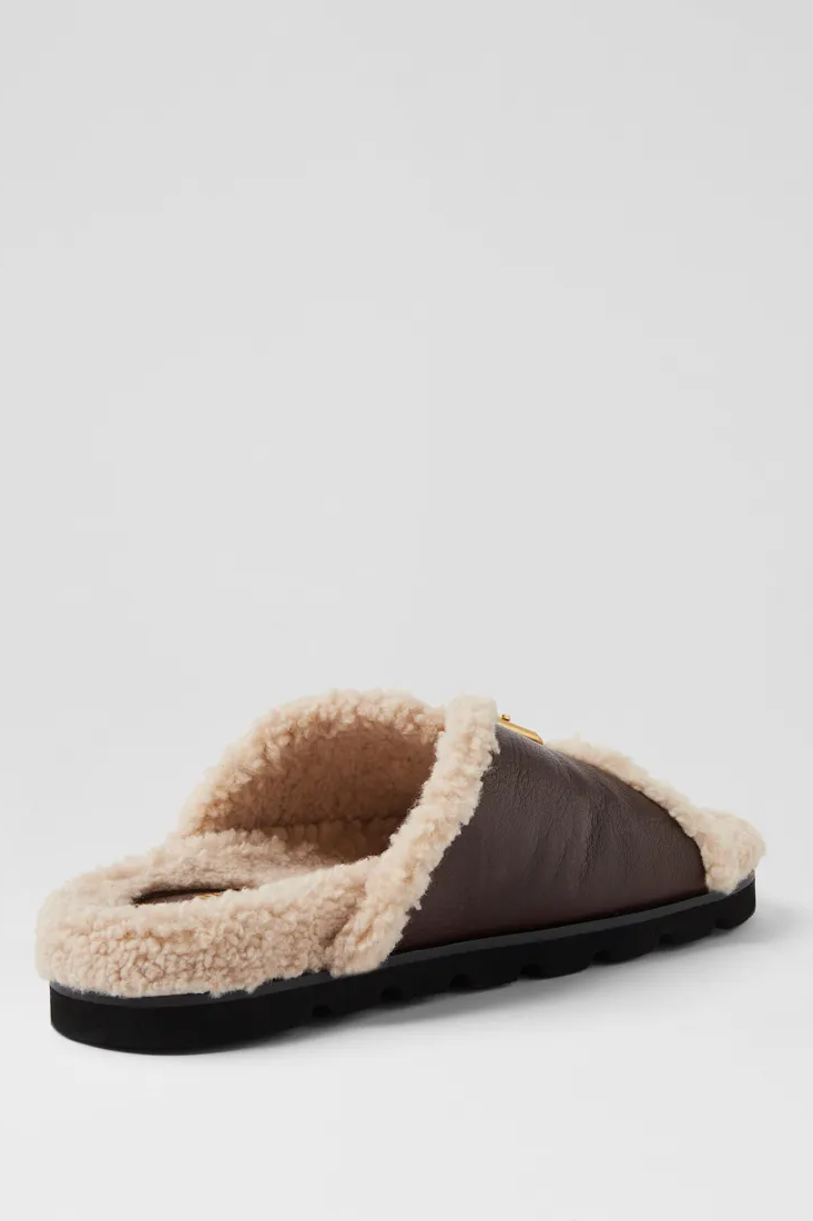 Mollini Esme Shearling Slides // Dark Brown Natural Leather