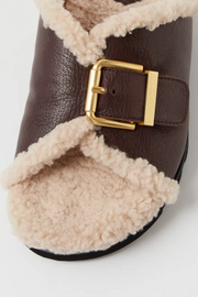 Mollini Esme Shearling Slides // Dark Brown Natural Leather